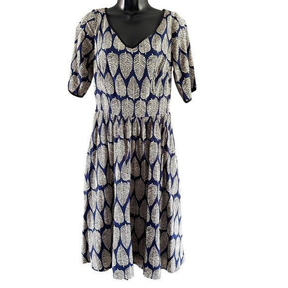 eShakti Dress M10 Navy White Leaf Print Midi V-Neckline & Short Sleeves - Picture 1 of 7